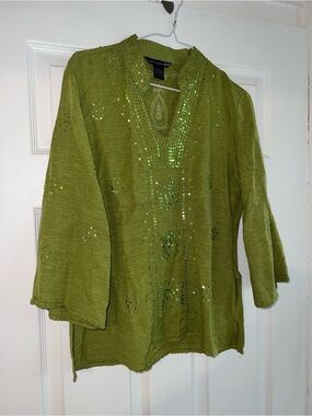 100% silk Saint Tropez West Olive Green Sequin Embellished Tunic Top